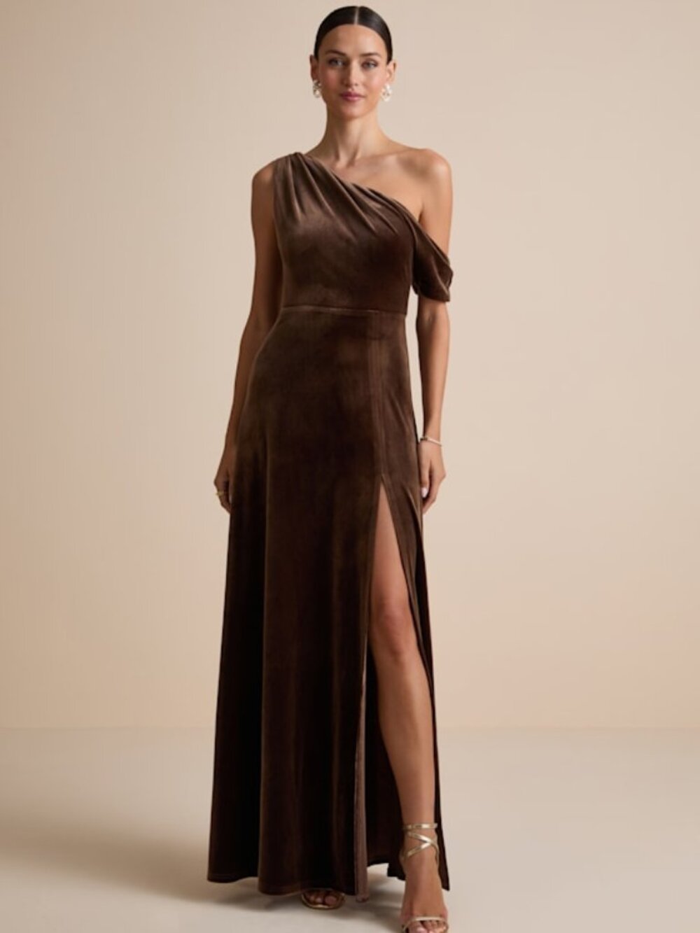 Lulus Coveted Confidence Brown Velvet Asymmetrical Maxi Dress - Size 2X